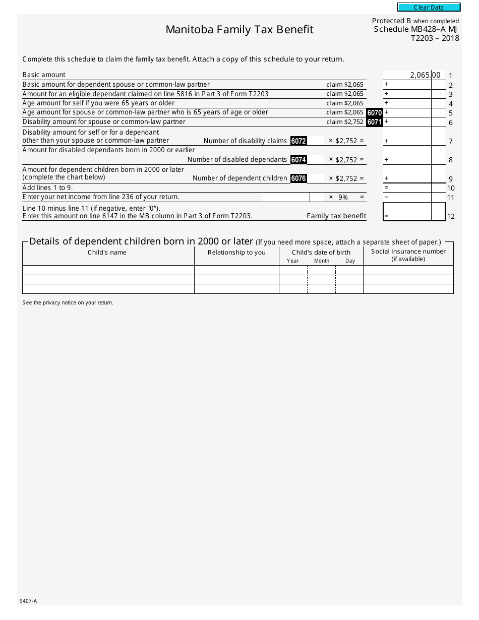 Form T2203 (9407-A) Schedule MB428-A MJ Manitoba Family Tax Benefit - Canada, Page 1