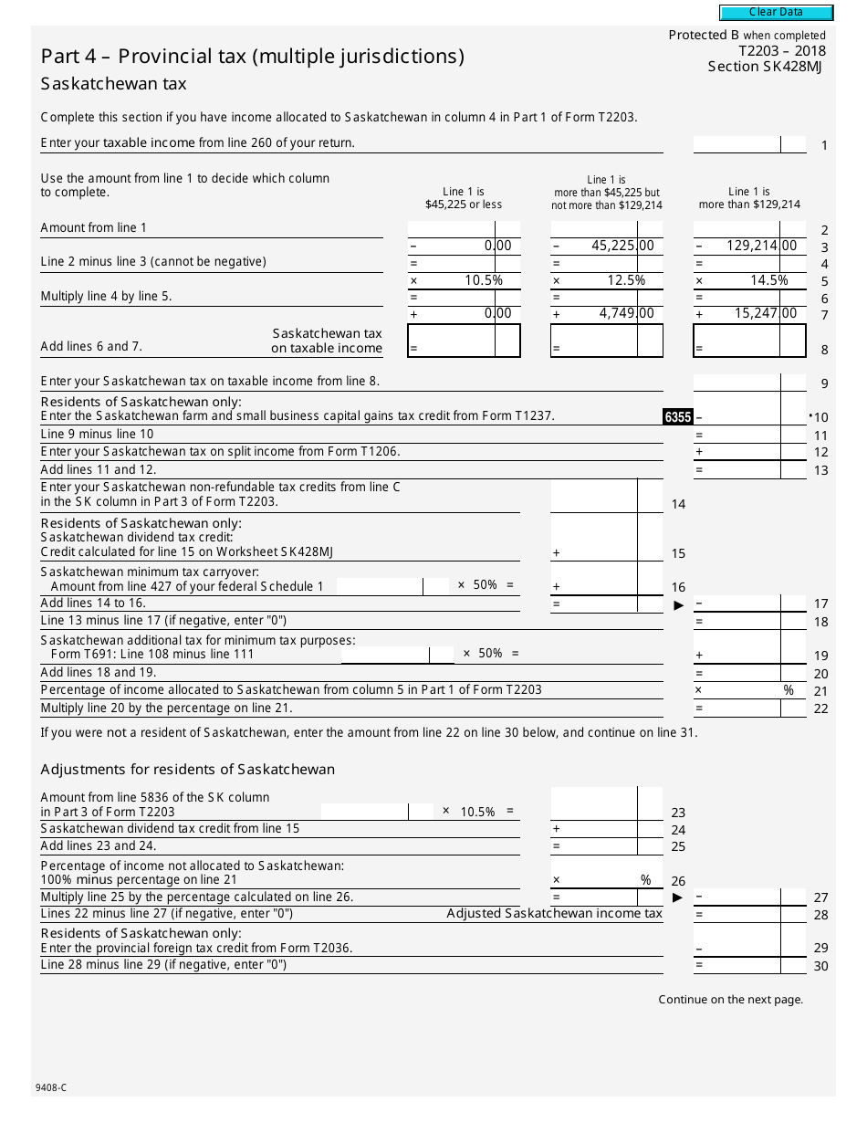 Form T2203 (9408-C) Part SK428MJ - 2018 - Fill Out, Sign Online and ...