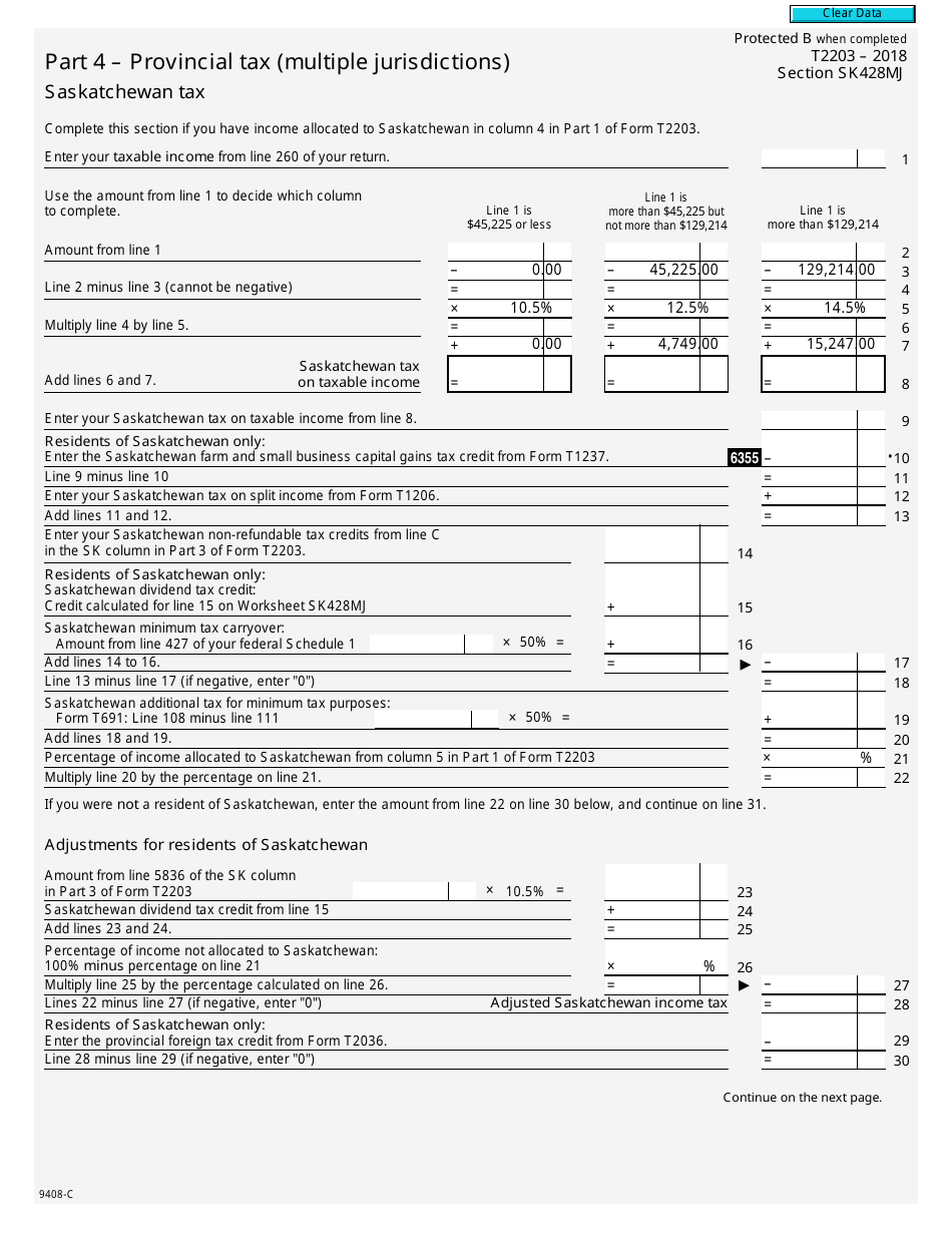 Form T2203 (9408-C) Part SK428MJ Part 4 - Provincial Tax (Multiple Jurisdictions) - Saskatchewan Tax - Canada, Page 1