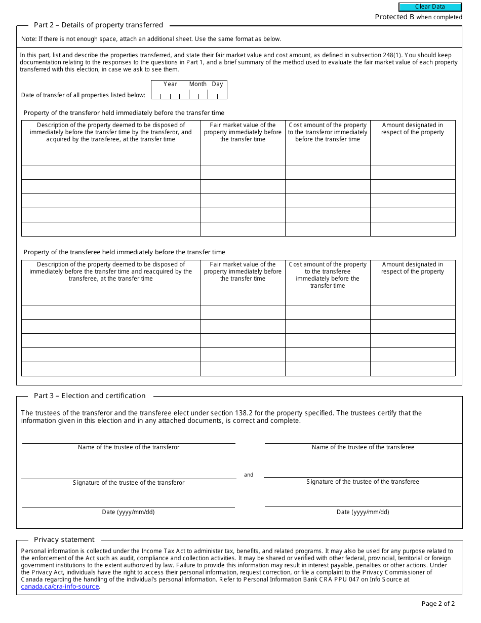 Form T2185 Election on Disposition of Property by a Segregated Fund Trust to a Related Segregated Fund Trust - Canada, Page 2