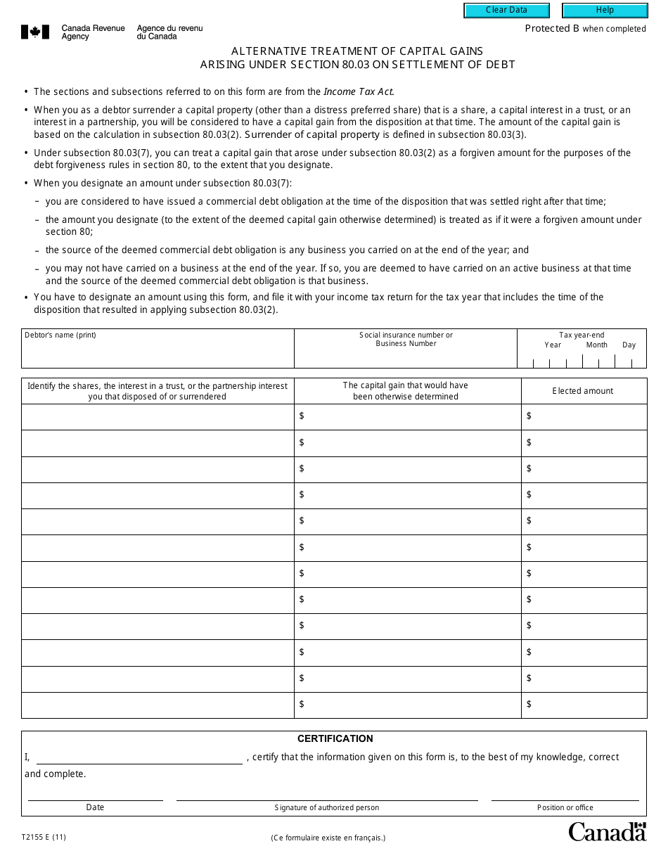 Form T2155 Alternative Treatment of Capital Gains Arising Under Section 80.03 on Settlement of Debt - Canada, Page 1