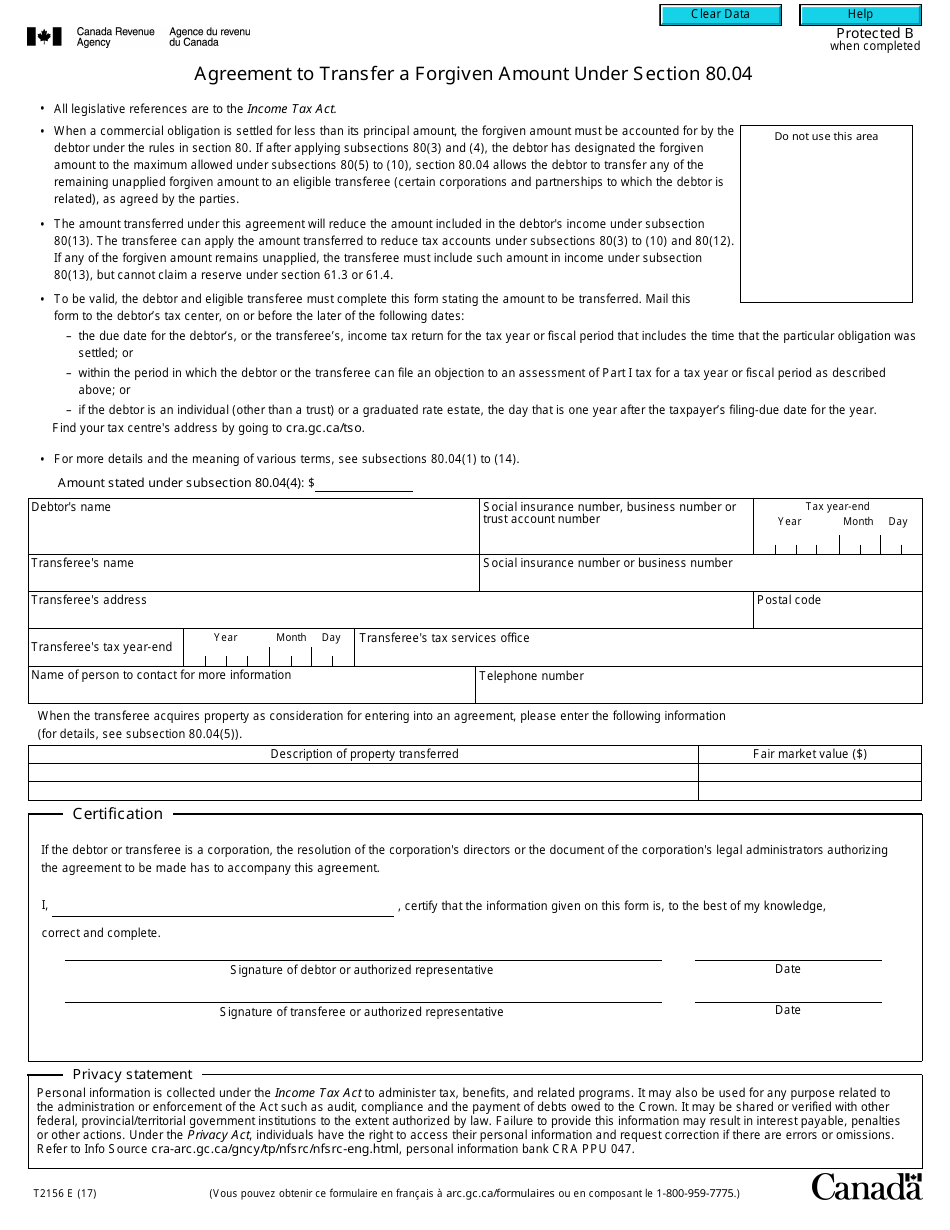 Form T2156 Agreement to Transfer a Forgiven Amount Under Section 80.04 - Canada, Page 1