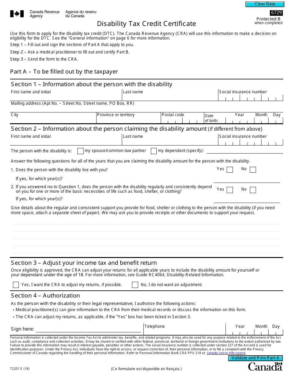 Form T2201 Download Fillable PDF Or Fill Online Disability Tax Credit 