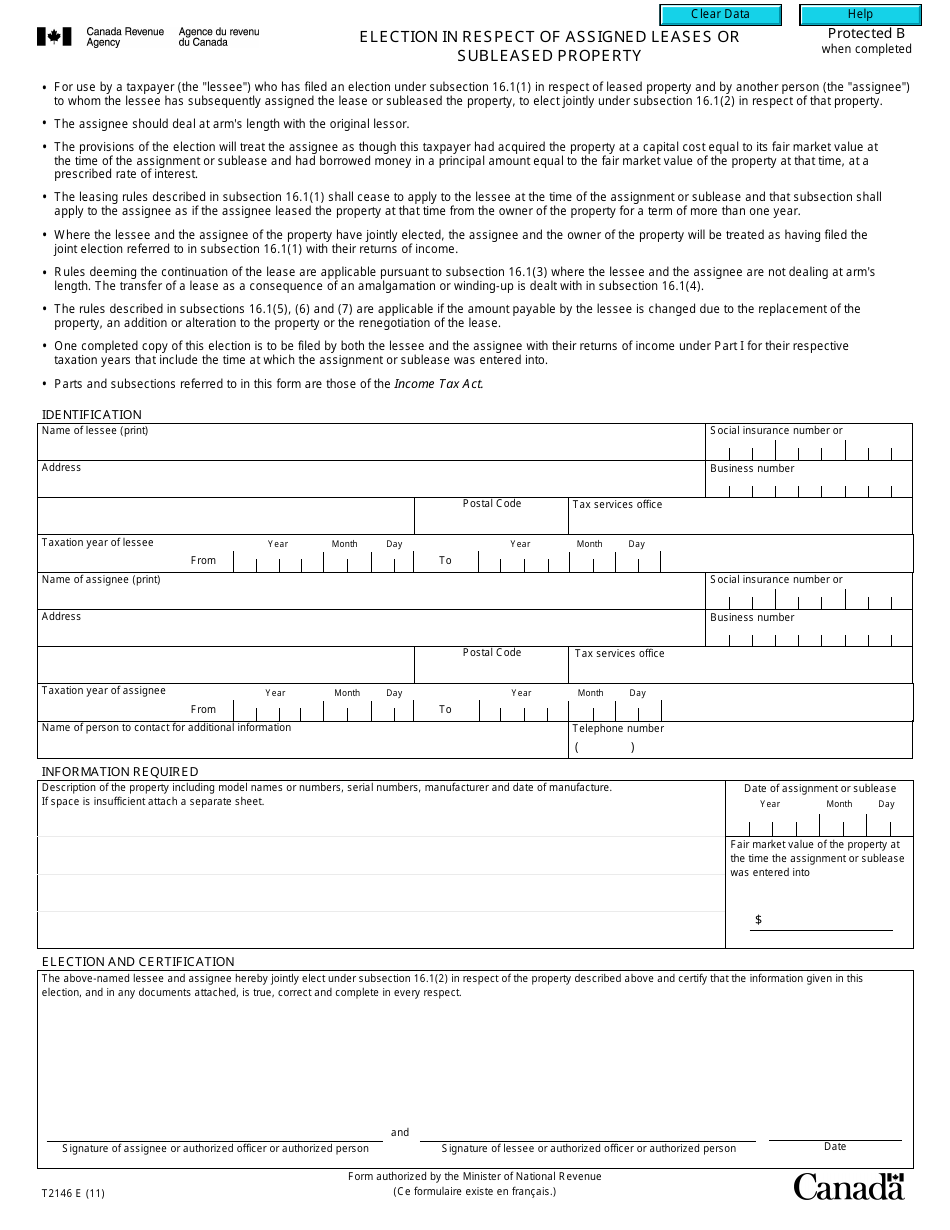 Form T2146 Election in Respect of Assigned Leases or Subleased Property - Canada, Page 1
