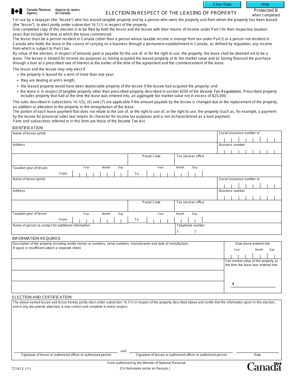 Form T2145 Election in Respect of the Leasing of Property - Canada, Page 1