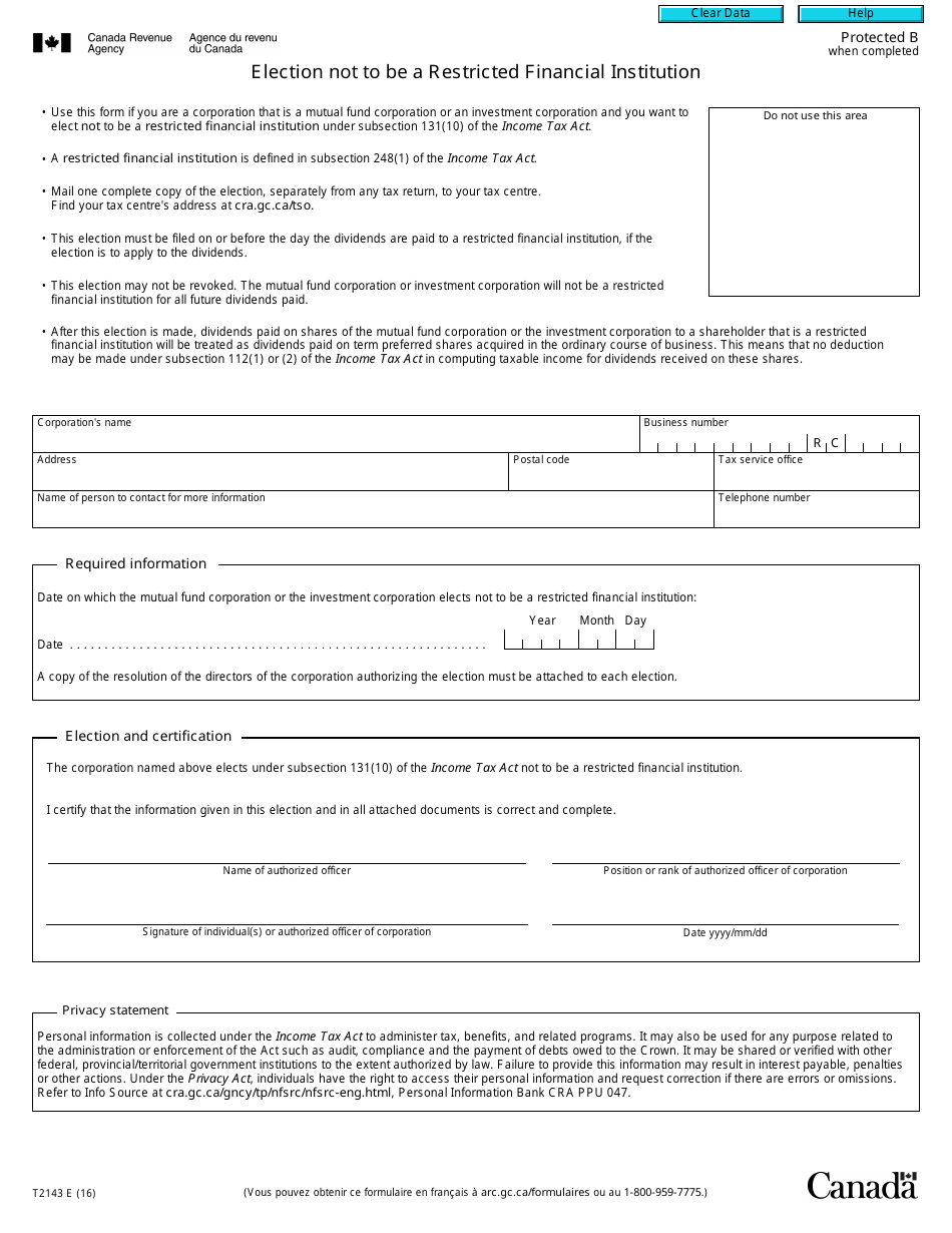Form T2143 Election Not to Be a Restricted Financial Institution - Canada, Page 1