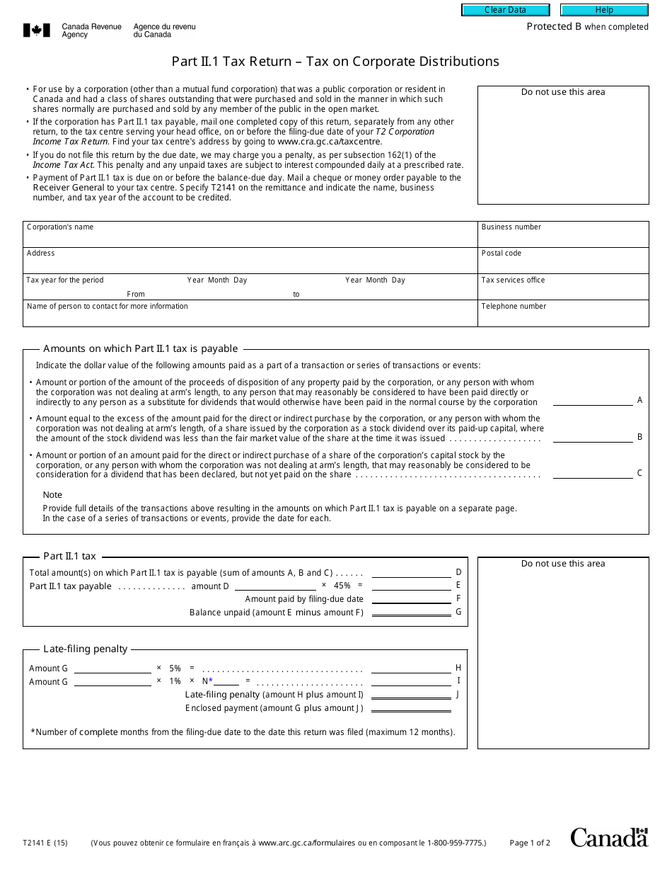 Form T2141 Part II.1 Tax Return - Tax on Corporate Distributions - Canada, Page 1