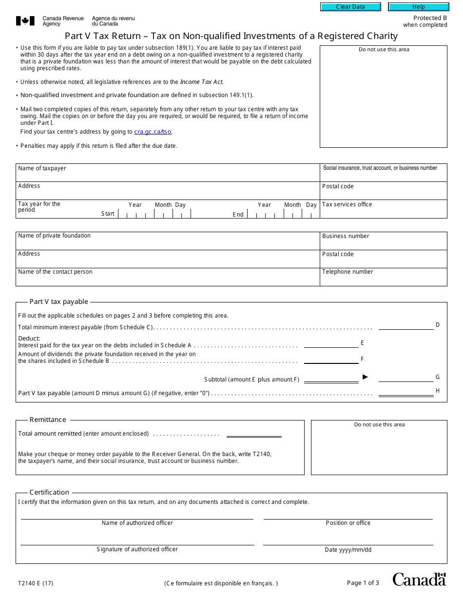 Form T2140 Part V Tax Return - Tax on Non-qualified Investments of a Registered Charity - Canada, Page 1