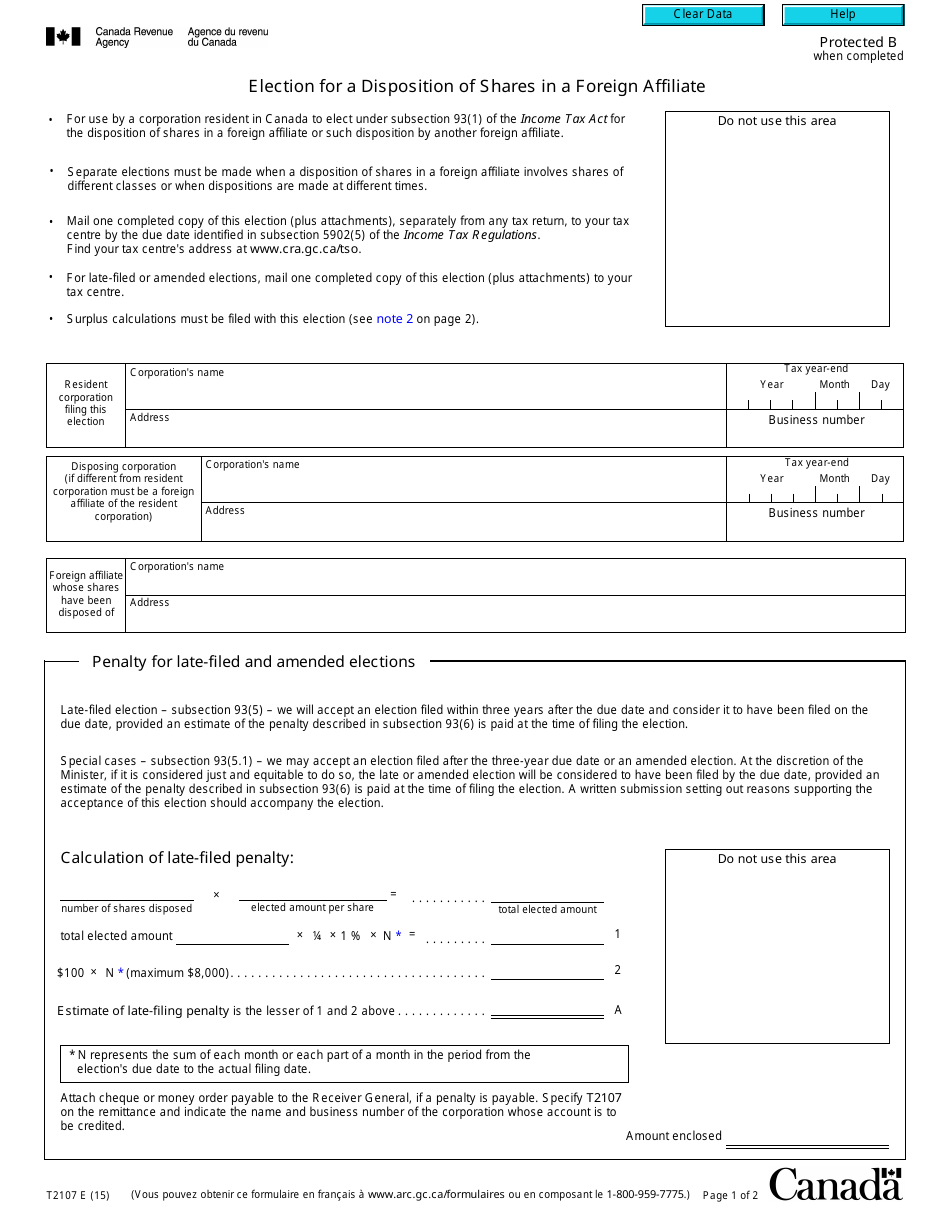Form T2107 Election for a Disposition of Shares in a Foreign Affiliate - Canada, Page 1