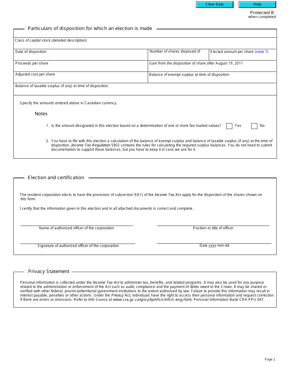 Form T2107 Election for a Disposition of Shares in a Foreign Affiliate - Canada, Page 2