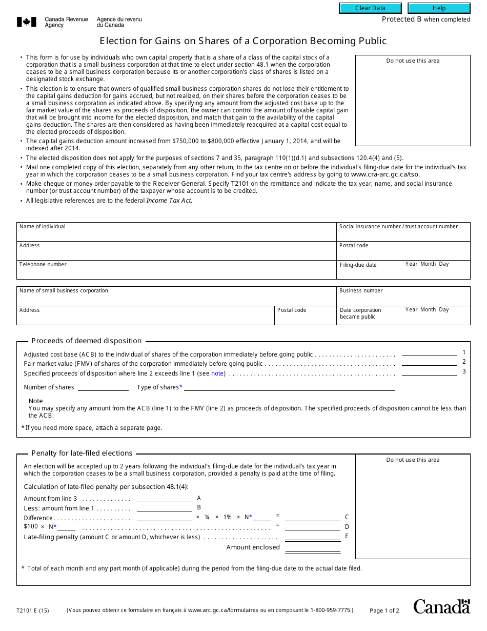 Form T2101 Election for Gains on Shares of a Corporation Becoming Public - Canada, Page 1