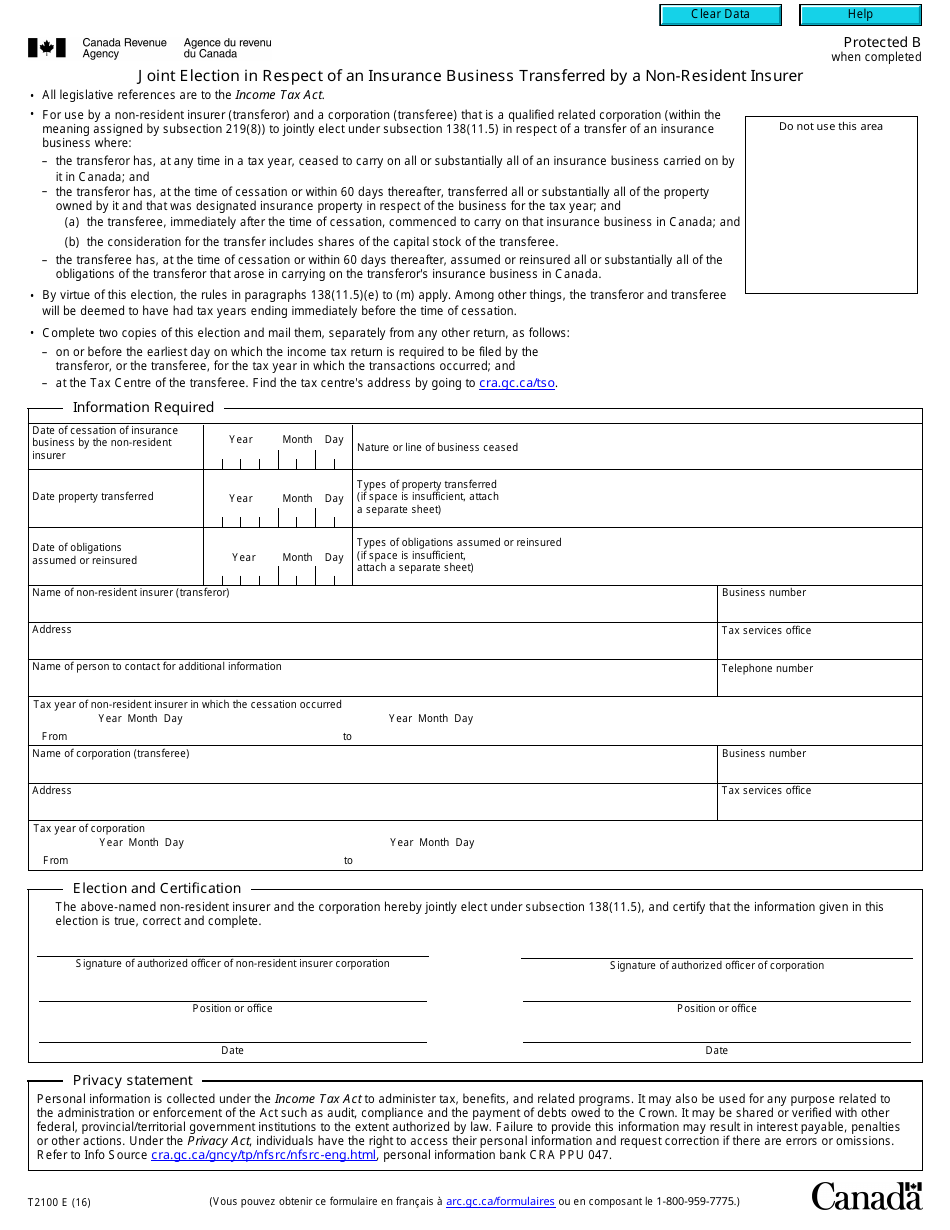 Form T2100 - Fill Out, Sign Online And Download Fillable Pdf, Canada 