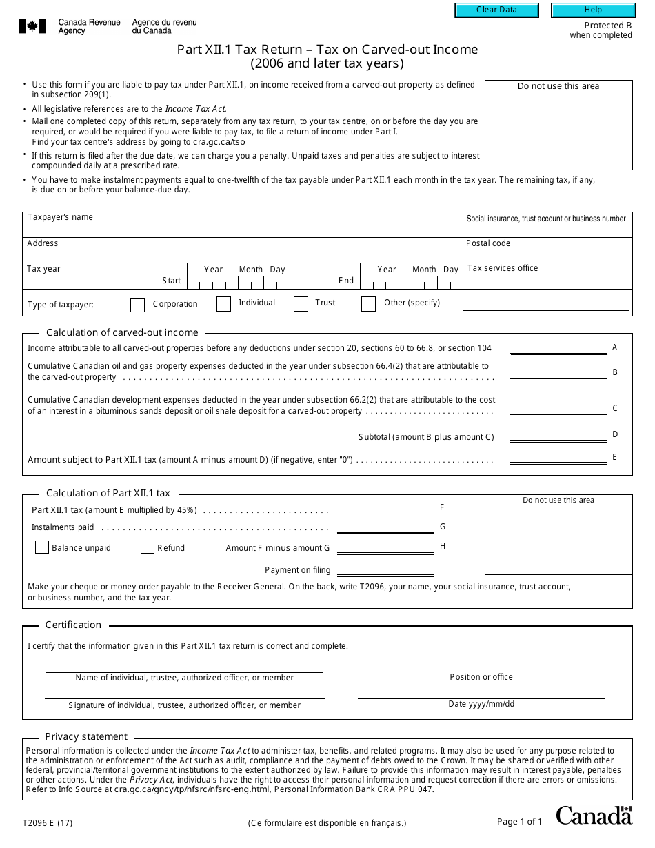 Form T2096 Part XII.1 Tax on Carved-Out Income (2006 and Later Tax Years) - Canada, Page 1