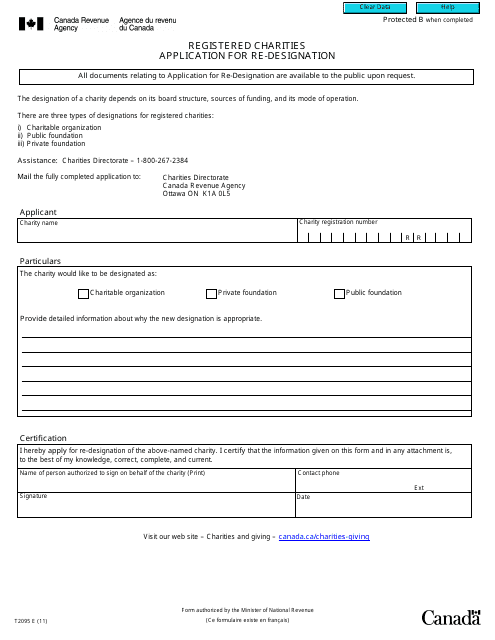 Form T2095 Registered Charities: Application for Re-designation - Canada