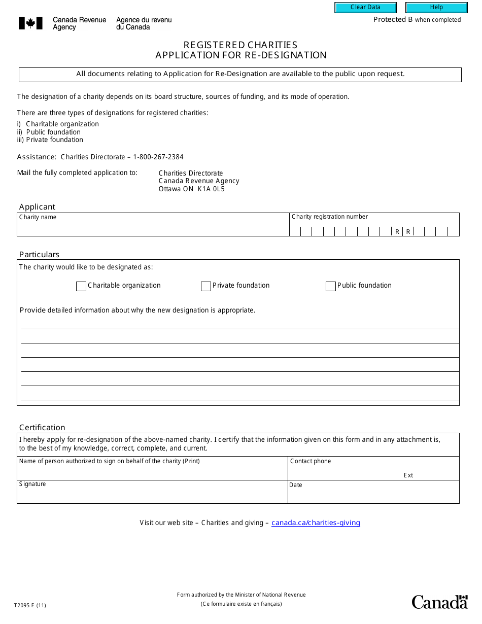 Form T2095 Registered Charities: Application for Re-designation - Canada, Page 1