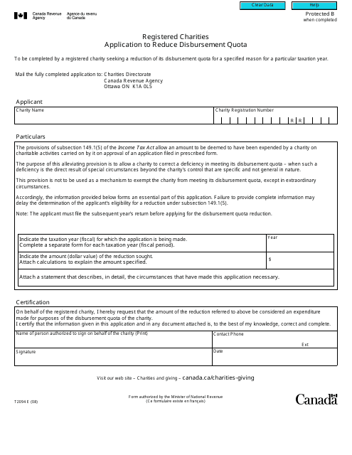 Form T2094 Registered Charities: Application to Reduce Disbursement Quota - Canada