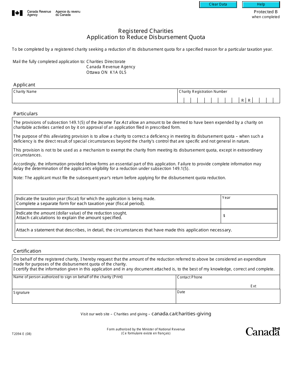 Form T2094 Registered Charities: Application to Reduce Disbursement Quota - Canada, Page 1