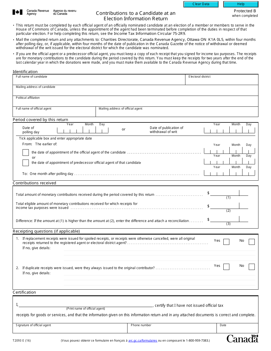 Form T2093 Contributions to a Candidate at an Election Information Return - Canada, Page 1