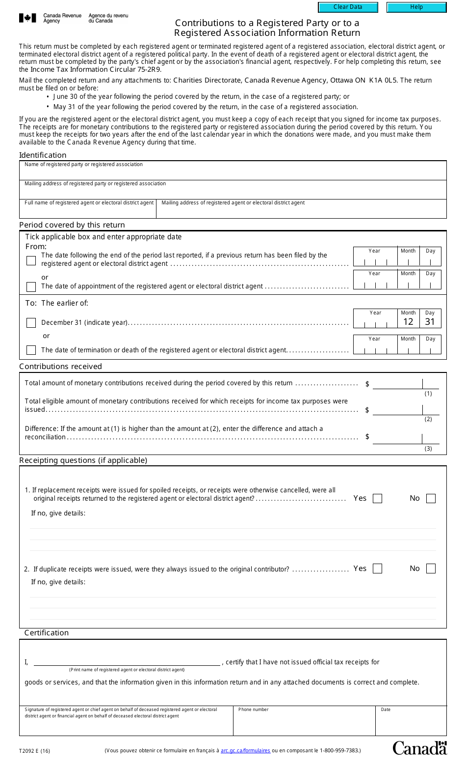 Form T2092 Contributions to a Registered Party or to a Registered Association Information Return - Canada, Page 1