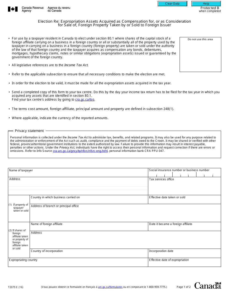 Form T2079 Election Re: Expropriation Assets Acquired as Compensation for or a Consideration for Sale of Foreign Property Taken by or Sold to Foreign Issuer - Canada, Page 1