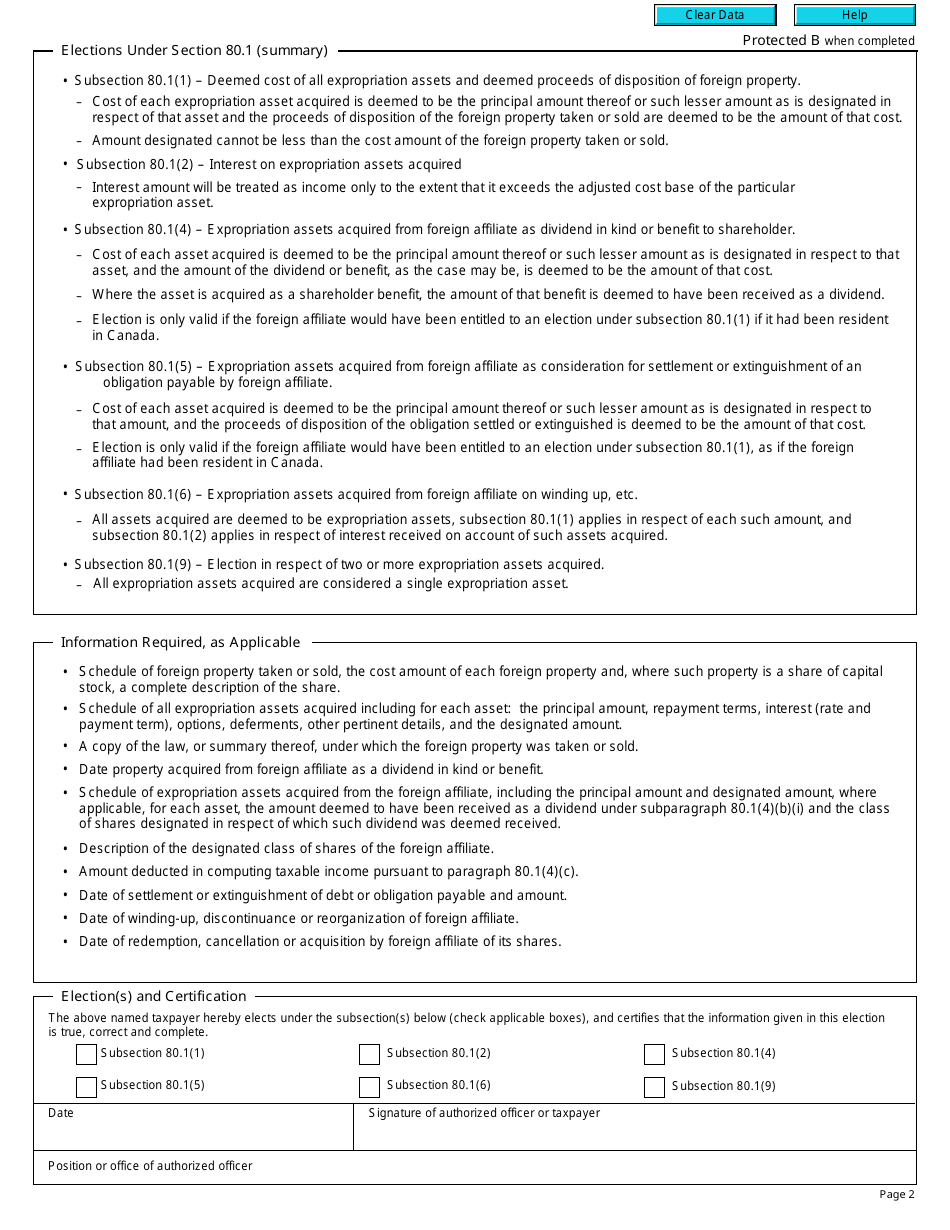 Form T2079 Election Re: Expropriation Assets Acquired as Compensation for or a Consideration for Sale of Foreign Property Taken by or Sold to Foreign Issuer - Canada, Page 2