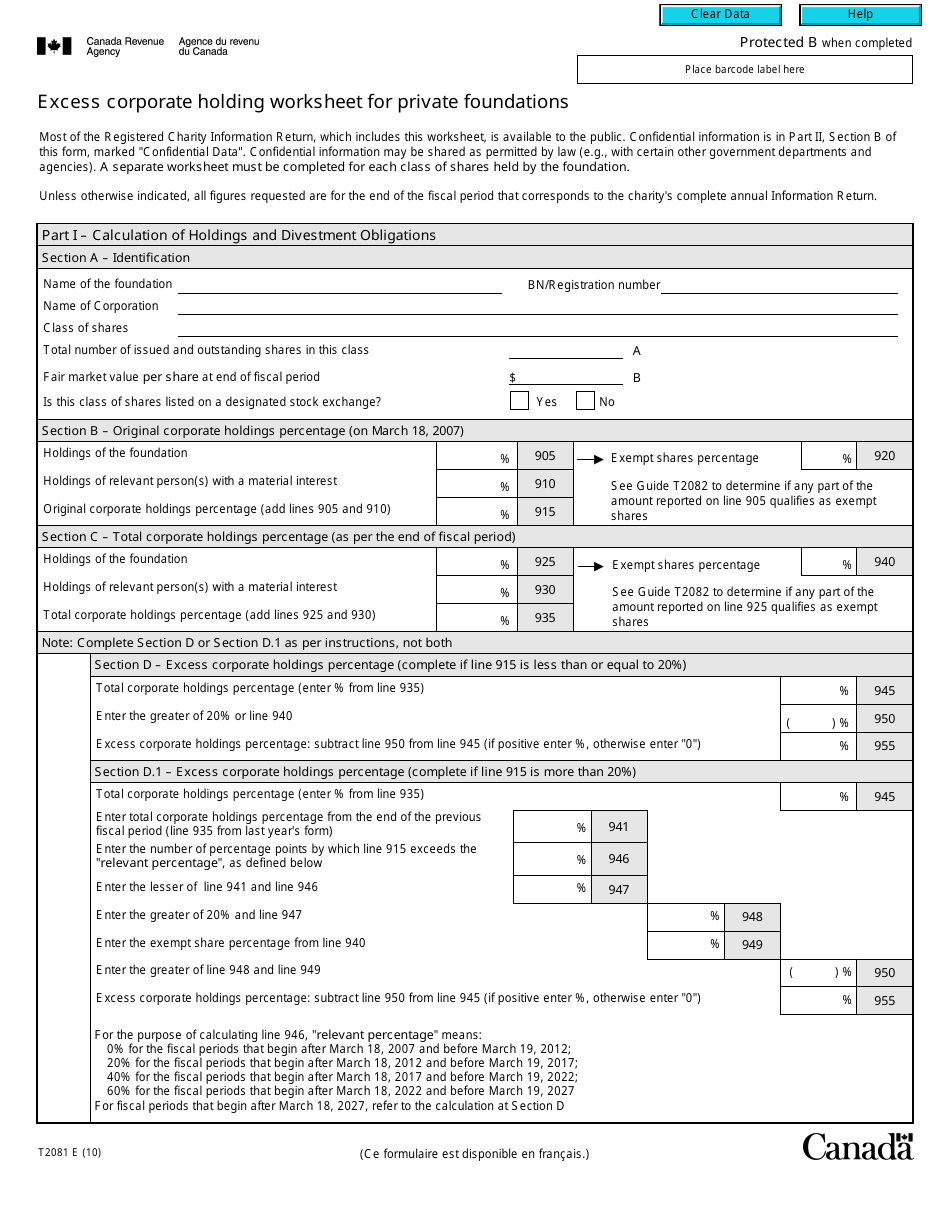 Form T2081 Excess Corporate Holdings Worksheet for Private Foundations - Canada, Page 1