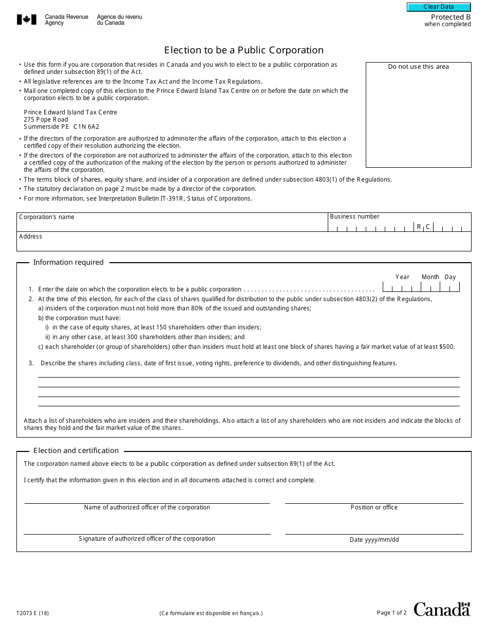 Form T2073 Election to Be a Public Corporation - Canada, Page 1