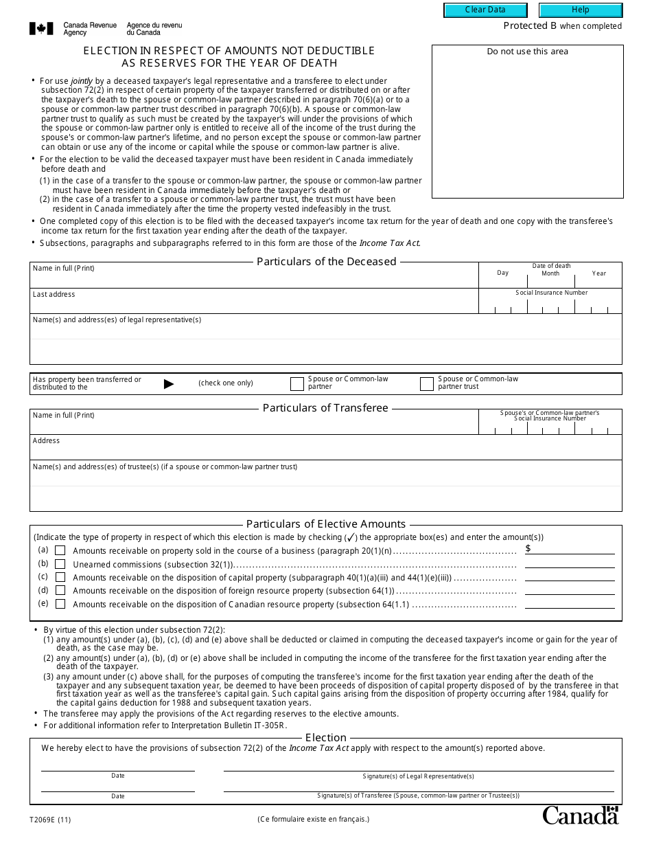 Form T2069 Election in Respect of Amounts Not Deductible as Reserves for the Year of Death - Canada, Page 1