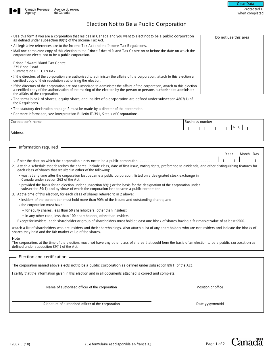 Form T2067 Election Not to Be a Public Corporation - Canada, Page 1