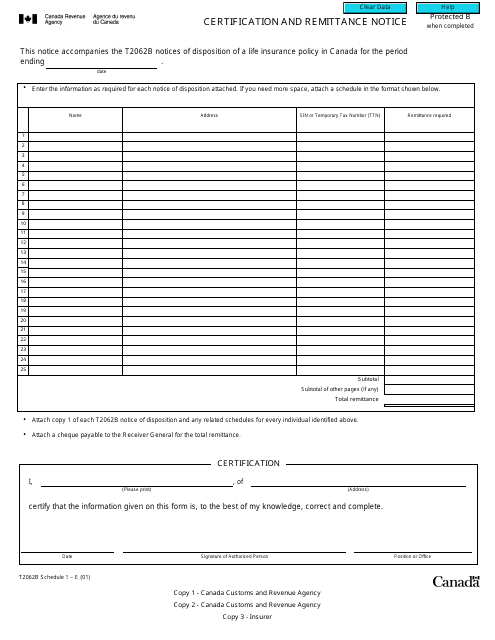 Form T2062B Schedule 1  Printable Pdf
