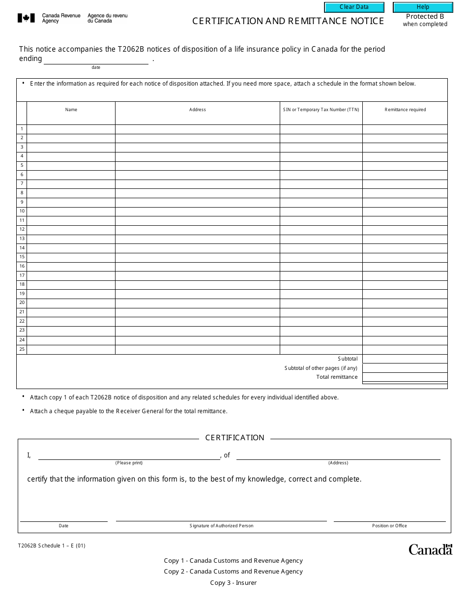 Form T2062B Schedule 1 Certification and Remittance Notice - Canada, Page 1