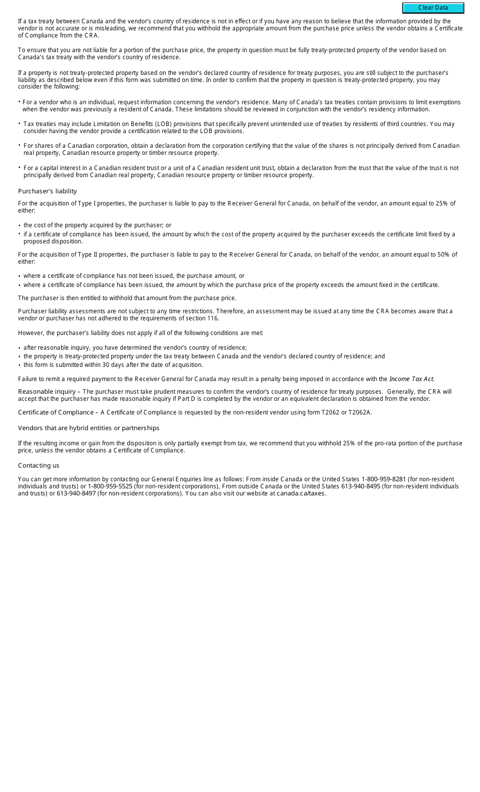 Form T2062C Notification of an Acquisition of Treaty-Protected Property From a Non-resident Vendor - Canada, Page 3