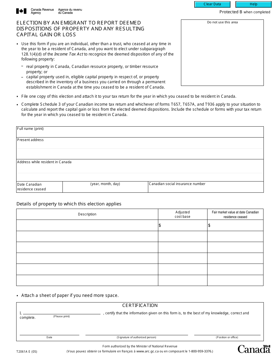 Form T2061A Election by an Emigrant to Report Deemed Dispositions of Taxable Canadian Property and Capital Gains and / or Losses Thereon - Canada, Page 1