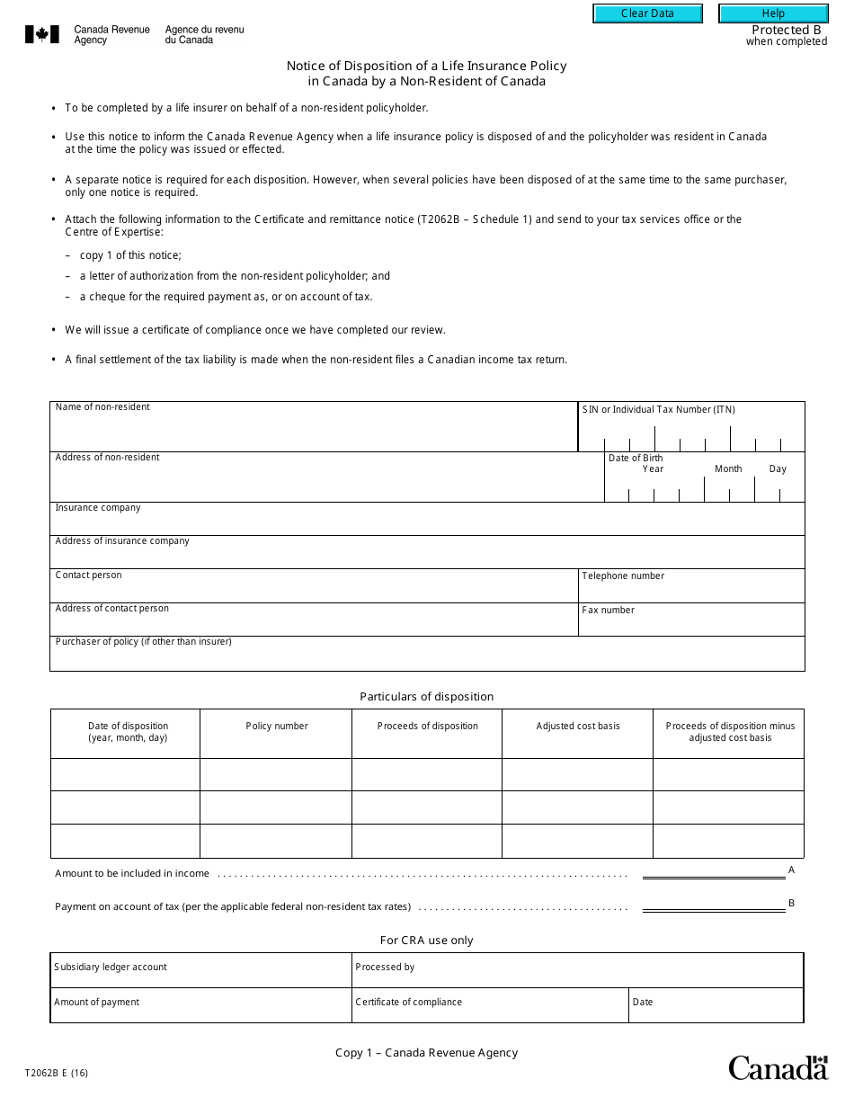 Form T2062B Notice of Disposition of a Life Insurance Policy in Canada by a Non-resident of Canada - Canada, Page 1