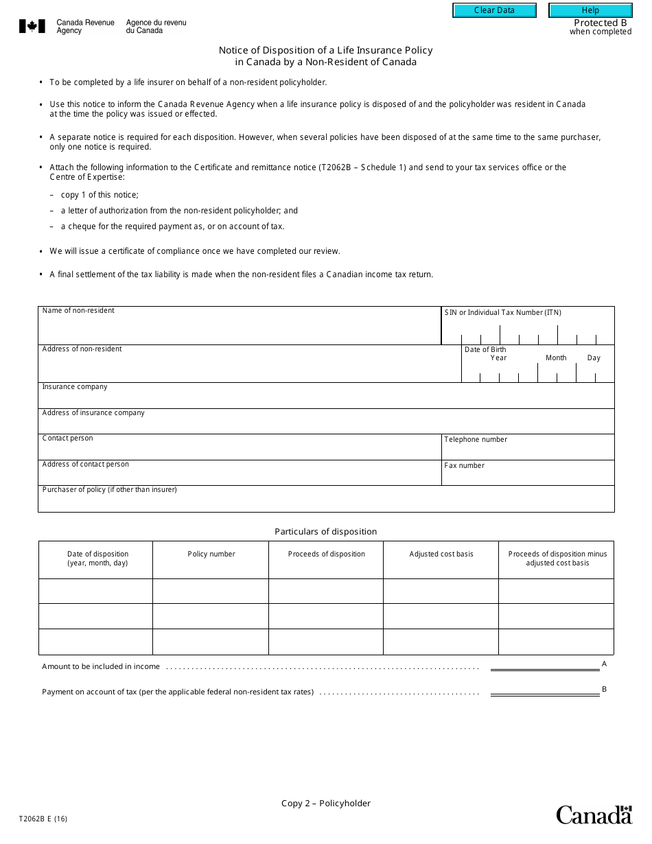 Form T2062B Notice of Disposition of a Life Insurance Policy in Canada by a Non-resident of Canada - Canada, Page 2