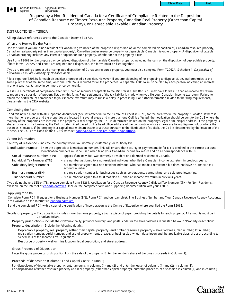 Form T2062A Request by a Non-resident of Canada for a Certificate of Compliance Related to the Disposition of Canadian Resource or Timber Resource Property, Canadian Real Property (Other Than Capital Property), or Depreciable Taxable Canadian Property - Canada, Page 1