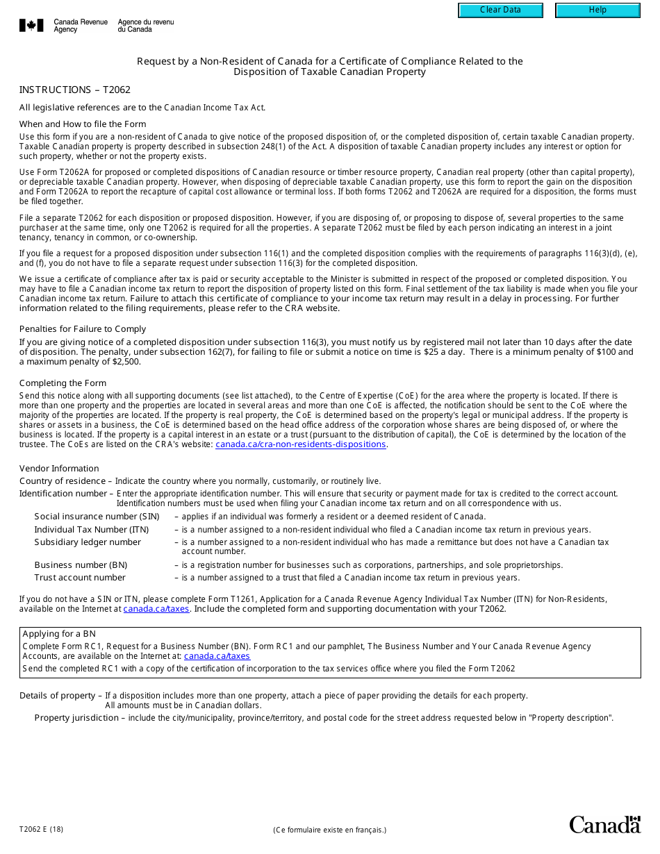 Form T2062 Request by a Non-resident of Canada for a Certificate of Compliance Related to the Disposition of Taxable Canadian Property - Canada, Page 1