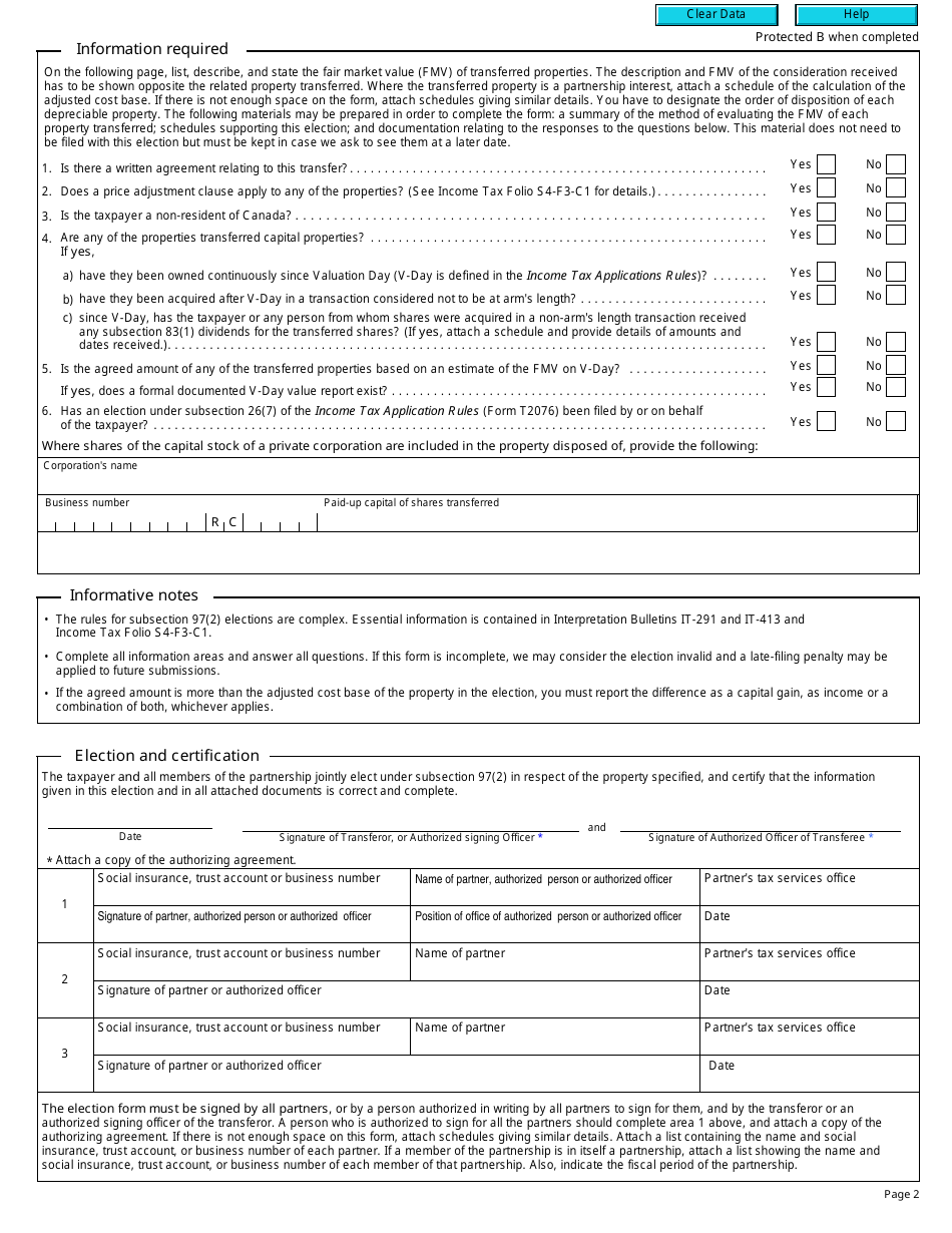 Form T2059 Election on Disposition of Property by a Taxpayer to a Canadian Partnership - Canada, Page 2