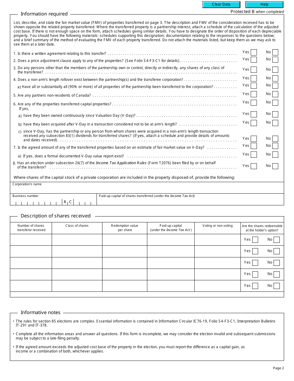 Form T2058 Election on Disposition of Property by a Partnership to a Taxable Canadian Corporation - Canada, Page 2