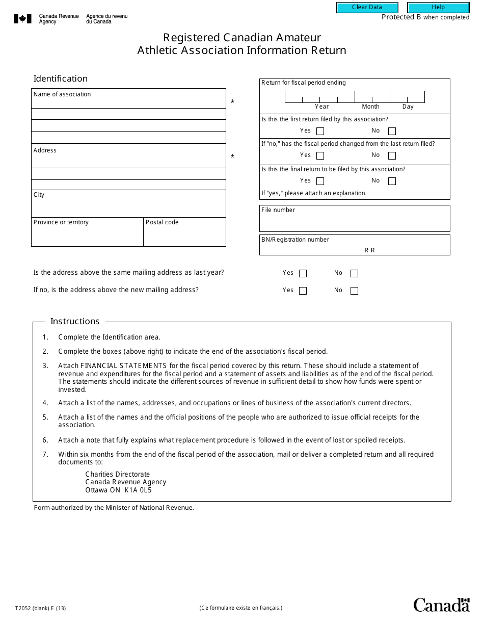 Form T2052 Registered Canadian Amateur Athletic Association Information Return - Canada, Page 1