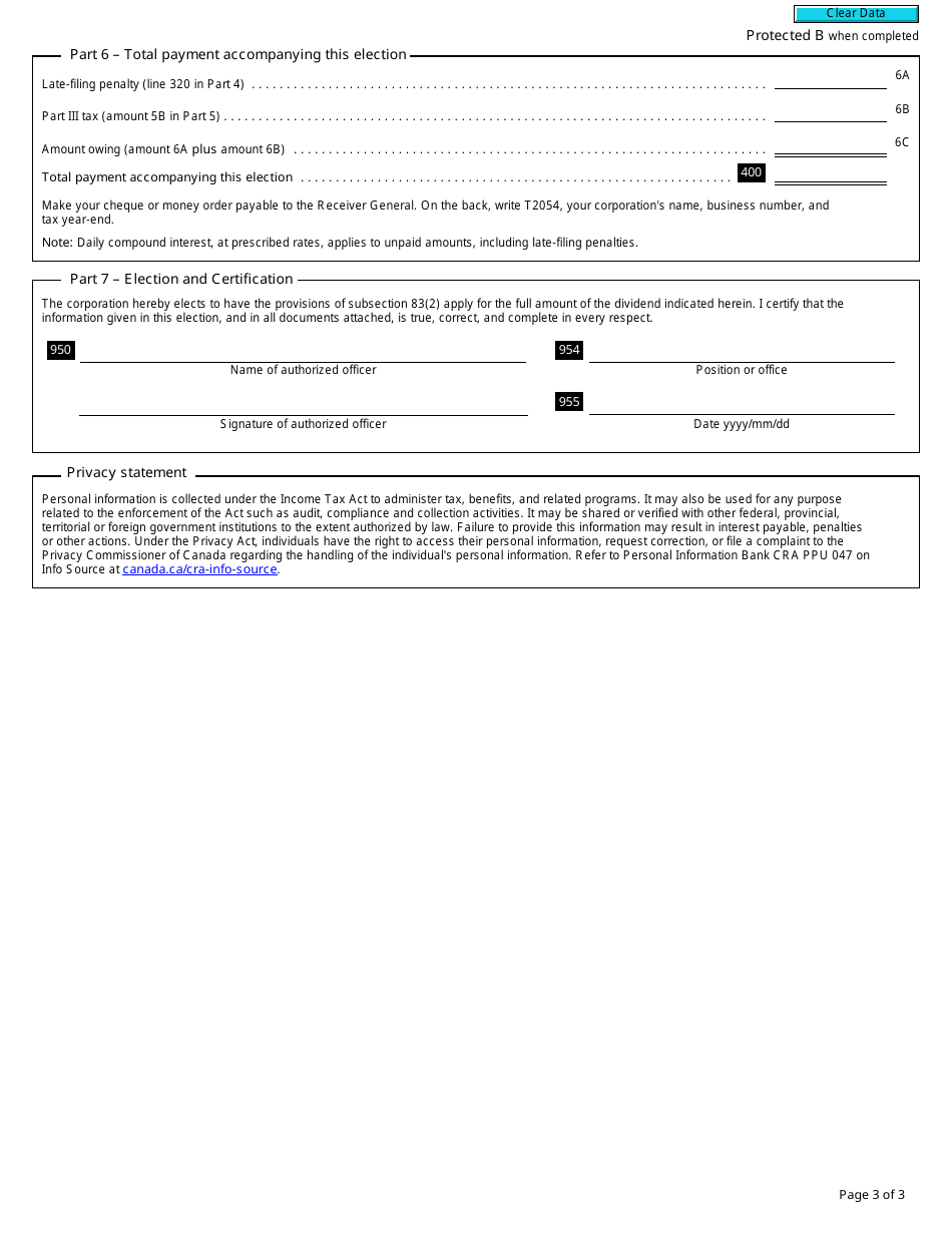 Form T2054 Election for a Capital Dividend Under Subsection 83(2) - Canada, Page 3