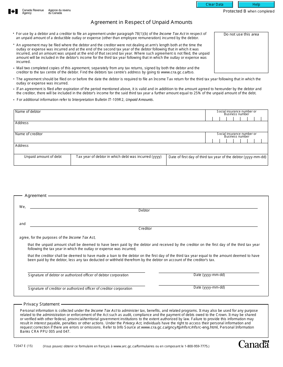 Form T2047 Agreement in Respect of Unpaid Amounts - Canada, Page 1