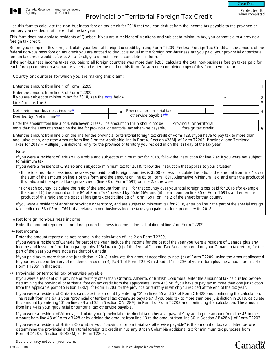 Form T2036 Provincial or Territorial Foreign Tax Credit - Canada, Page 1
