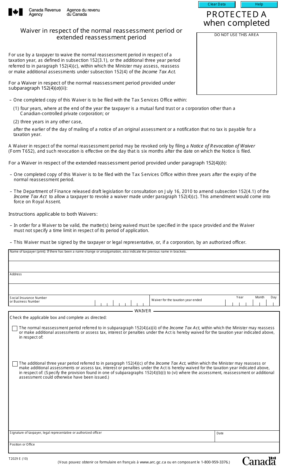 Form T2029 Waiver in Respect of the Normal Reassessment Period or Extended Reassessment Period - Canada, Page 1