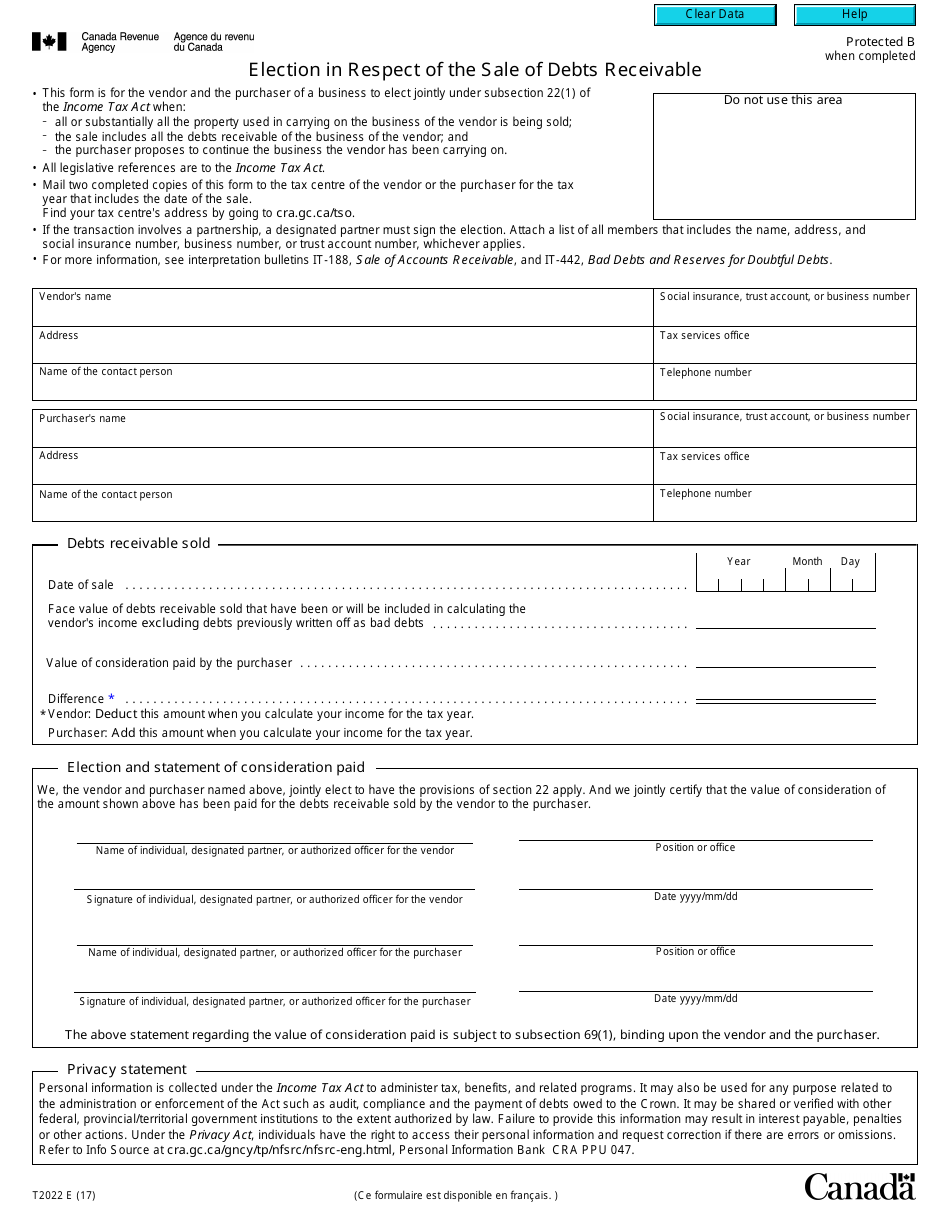 Form T2022 Election in Respect of the Sale of Debts Receivable - Canada, Page 1