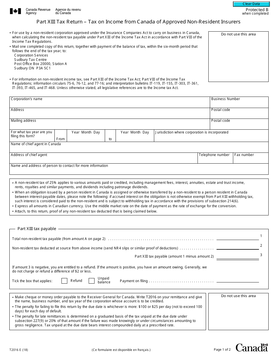 Form T2016 Part XIII Tax on Income From Canada of Approved Non-resident Insurers - Canada, Page 1