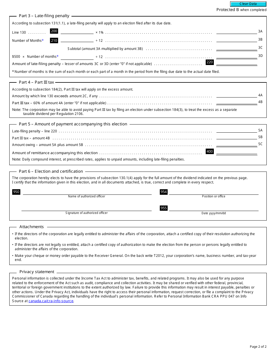 Form T2012 - Fill Out, Sign Online and Download Fillable PDF, Canada ...