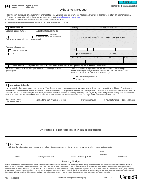 Form T1-ADJ  Printable Pdf