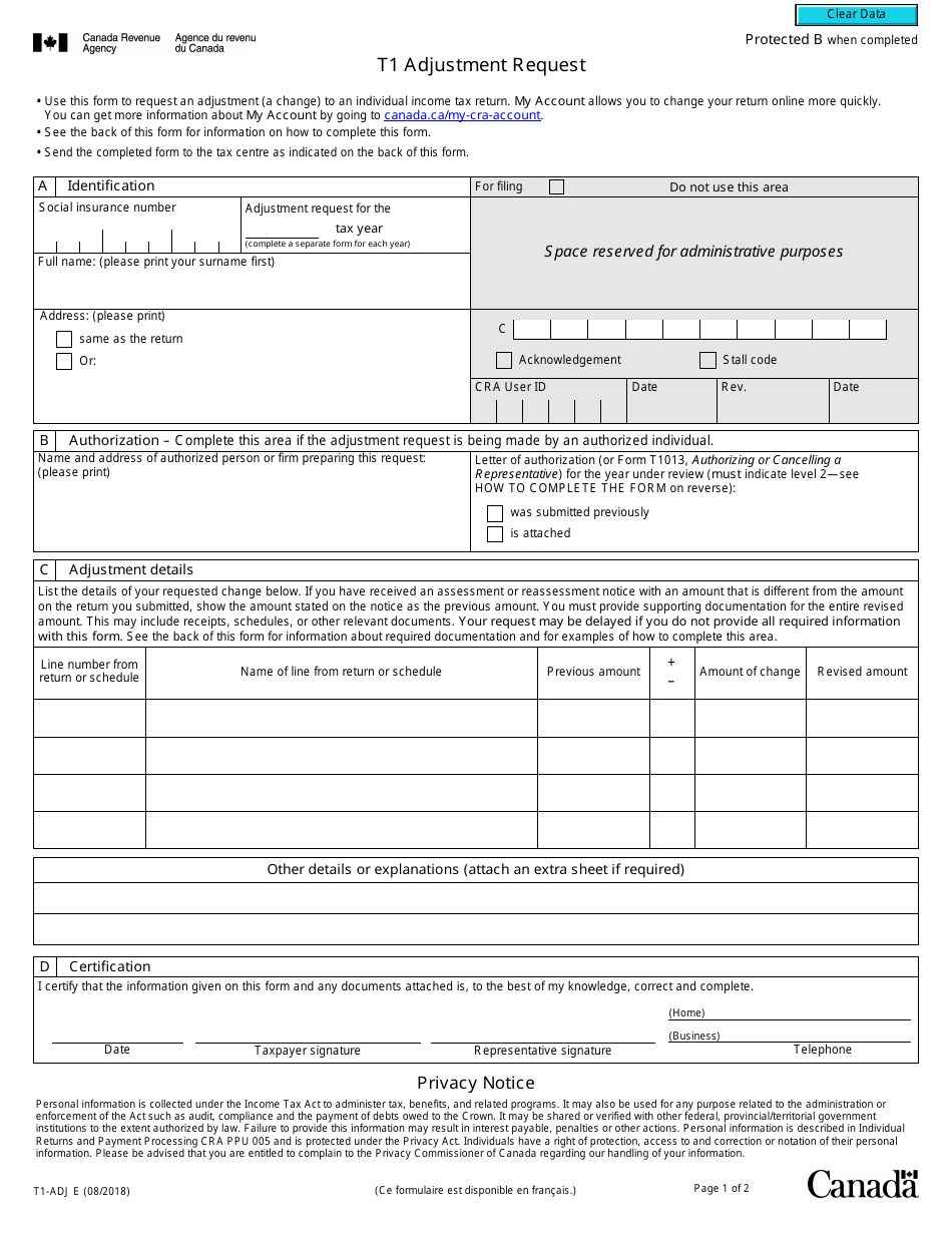 Printable T1 Adjustment Form - Printable Forms Free Online