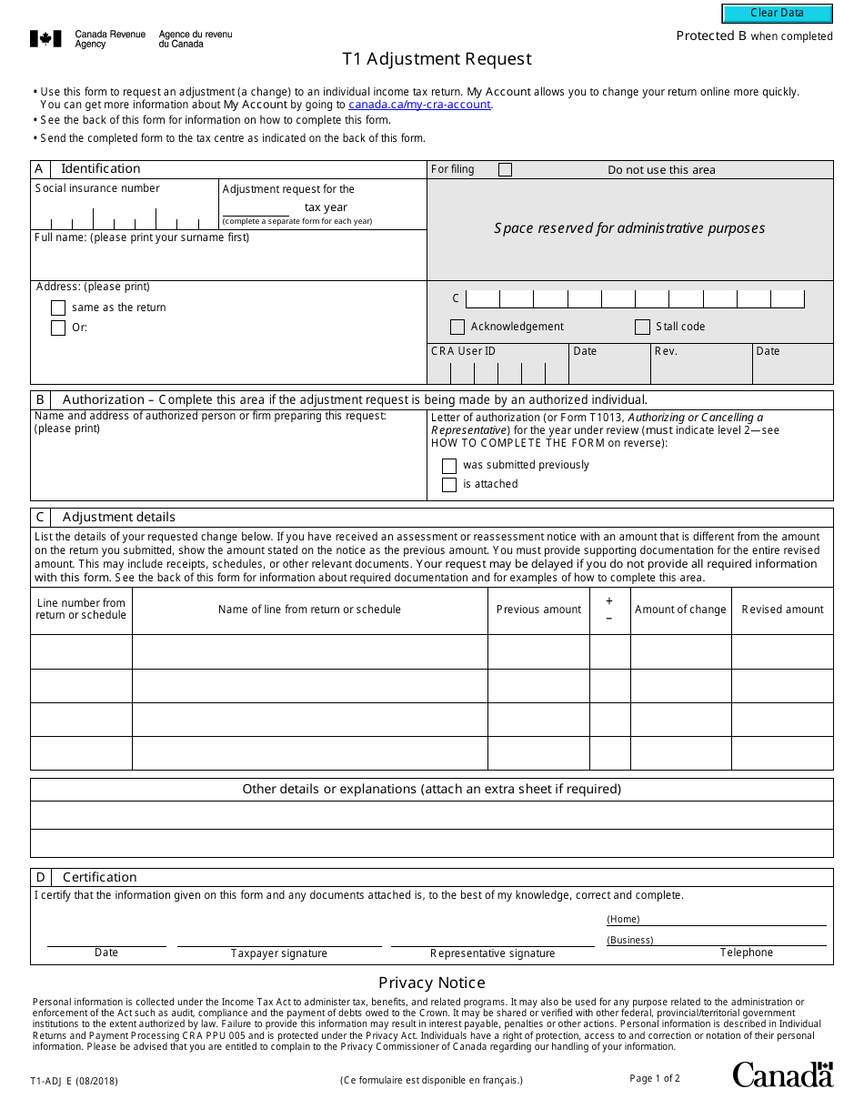 Form T1-ADJ T1 Adjustment Request - Canada, Page 1